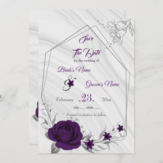 lila silbergrau, elegant, blumenreich save the date (Vorne/Hinten)