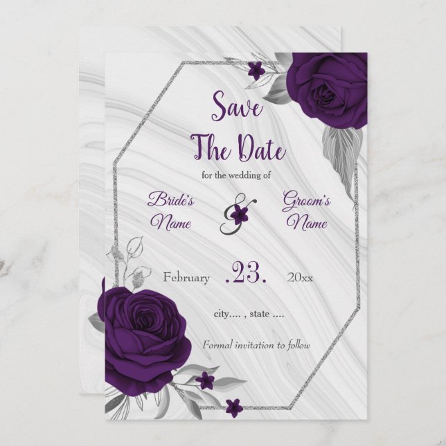 lila silbergrau, elegant, blumenreich save the date (Vorne/Hinten)