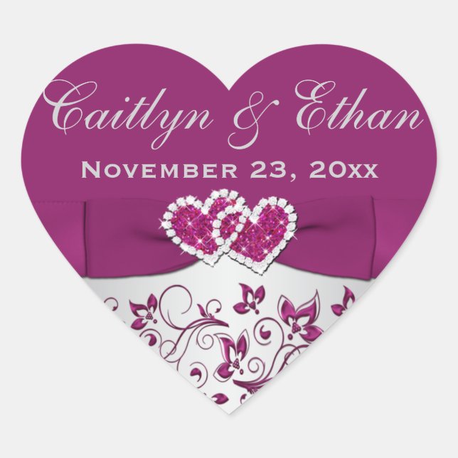 Lila, silbergraue Gastgeschenk Hochzeit Herz-Aufkleber (Vorderseite)