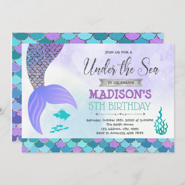 Lila Silbermünze Geburtstagsausschreibung Einladung (Vorne/Hinten)