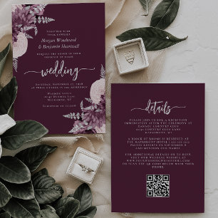 Lila-silberne Blumeneinladung zur Hochzeit mit QR- Einladung