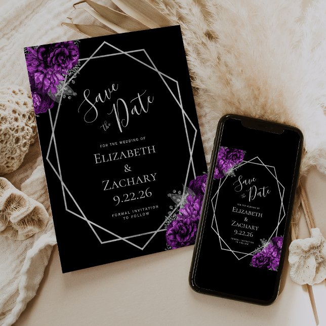 Lila silberne Blumengeometrie Schwarz Save the Dat Date (Von Creator hochgeladen)