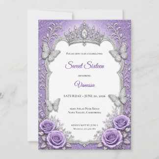 Lila silberne Blumenprinzessin Sweet 16 Einladung