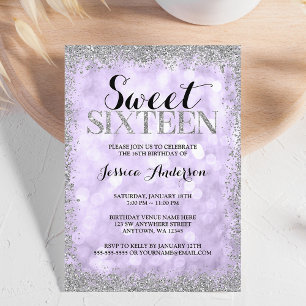 Lila silberne falsche Glitterlichter Sweet 16 Einladung