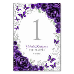Lila silberne Floral Quinceanera Tischnummer