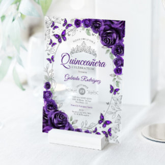 Lila silberne florale Quinceanera Acryleinladungen