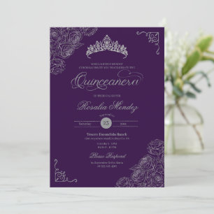 Lila & Silberne Rose Elegante Quinceñera Einladung