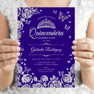 Lila Silberne Rose Schmetterlinge Quinceanera Einladung
