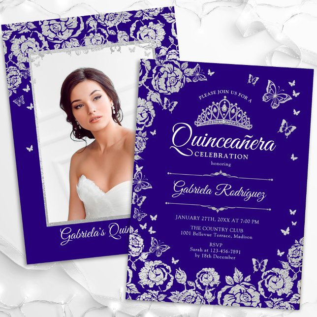 Lila Silberne Rose Schmetterlinge Quinceanera Foto Einladung (Von Creator hochgeladen)