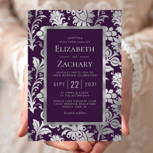 Lila-silberne Vintage-Blumenmuster-Hochzeit Einladung