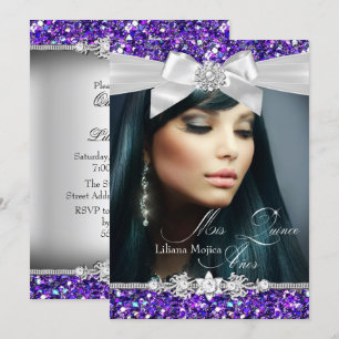 Lila silberner Glitter-Bogen Foto Quinceanera Einl Einladung