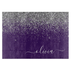 Lila silberner Glitter-Mädchen-Monogramm-Name Schneidebrett