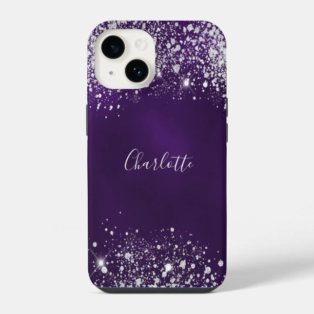 Lila-silberner Glitterstaub-Monogramm-Name iPhone Hülle (Rückseite)