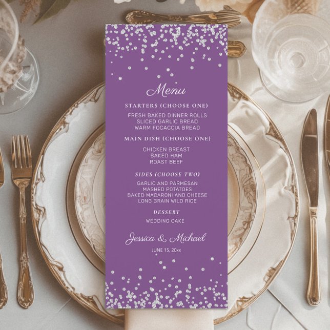 Lila Silberner Glitzer Hochzeitsempfang Menükarte (Purple wedding menu with silver glitter)