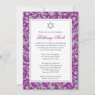 Lila Silberner Glitzer Swirl Damask Bat Mitzvah Einladung