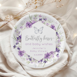 Lila silberner Schmetterling küsst Babyparty Pappteller