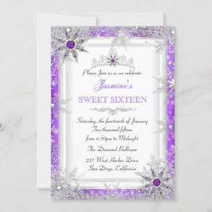 Lila silberner Winter Wonderland Sweet 16 Schneefl Einladung