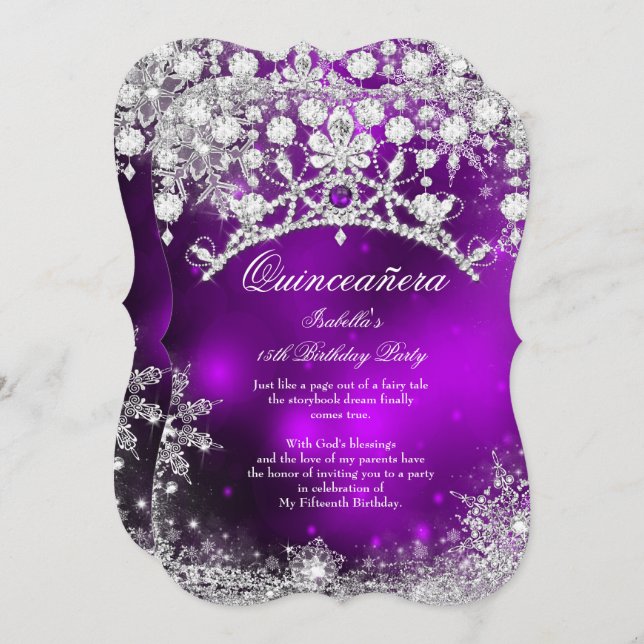 Lila silbernes Quinceanera 15. Winter Wonderland Einladung (Vorne/Hinten)