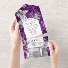 Lila Silberschmetterling Schimmer Glitzer Rose All In One Einladung