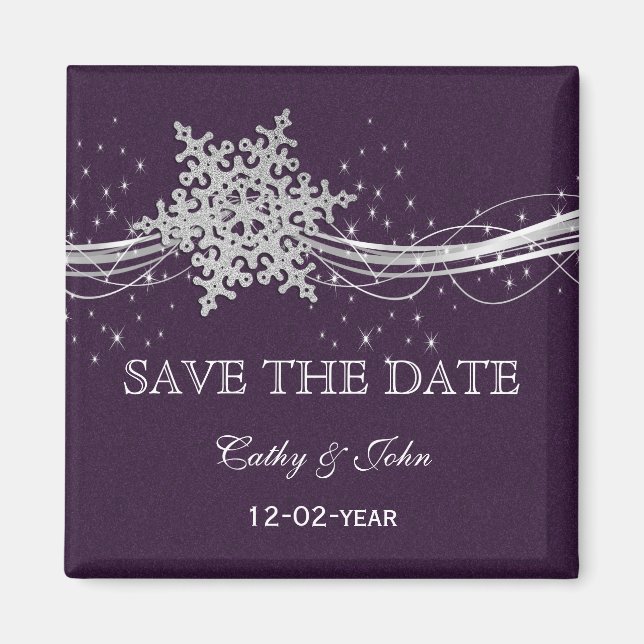 lila Silberschneeflocken Winter Save the Date Magnet (Vorne)