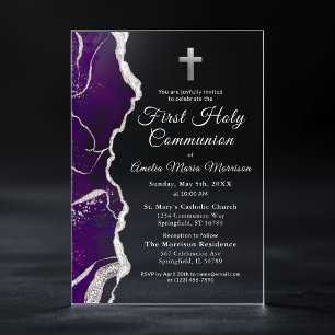 Lila Silver Agate First Heilige Kommunion Girl Acryleinladungen