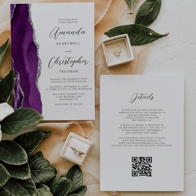 Lila Silver Agate QR Code Hochzeit Einladung (Von Creator hochgeladen)