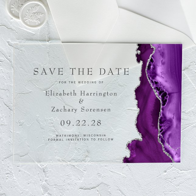 Lila Silver Agate Save the Date Acryleinladungen (Von Creator hochgeladen)