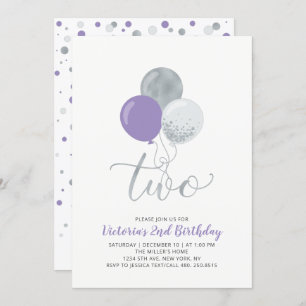 Lila & Silver Balloons Girl 2. Geburtstag Party Einladung