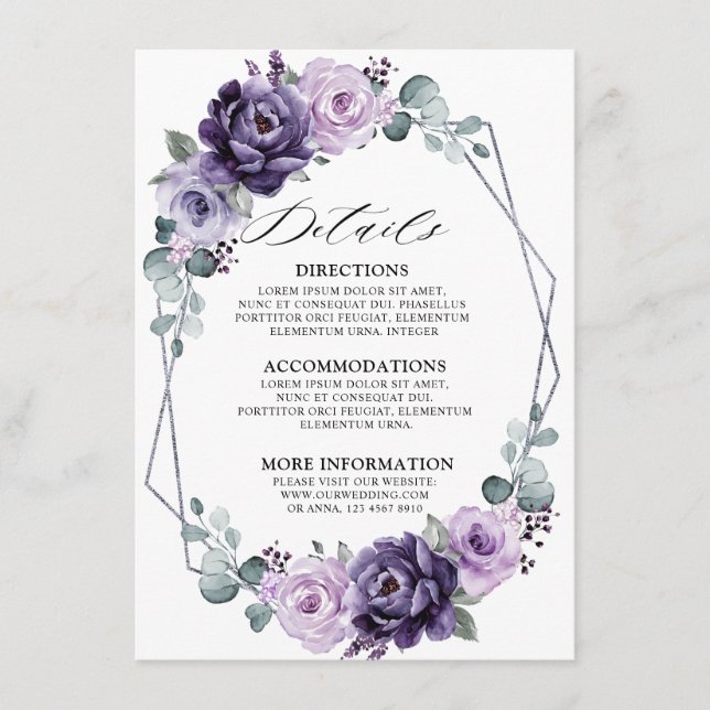 Lila Silver Blooms Geometrische Hochzeitdetails Begleitkarte (Vorderseite)