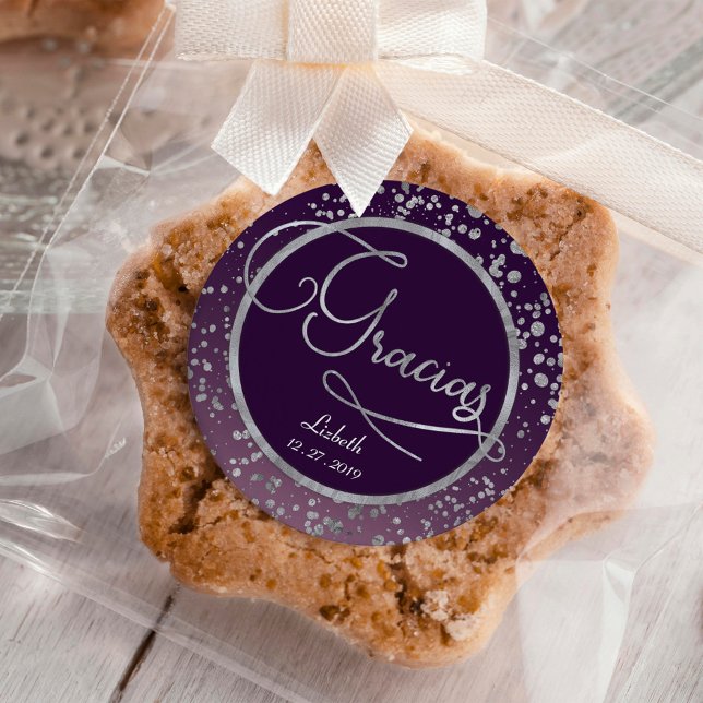Lila Silver Confetti Gracias Glam Geschenk Vielen  Runder Aufkleber (Von Creator hochgeladen)
