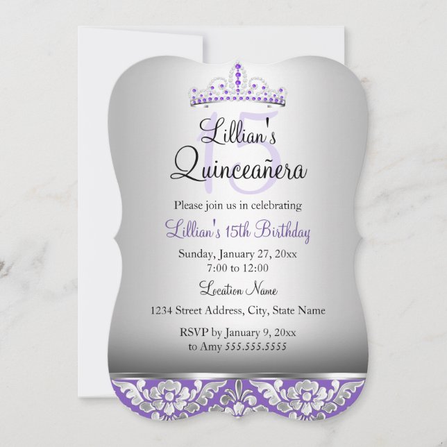 Lila Silver Damask & Tiara Quinceanera Einladung (Vorderseite)