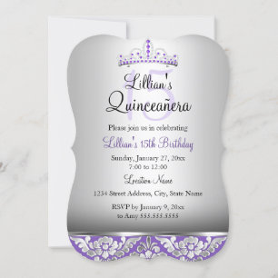 Lila Silver Damask & Tiara Quinceanera Einladung
