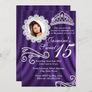 Lila Silver Diamond Tiara Foto Quinceanera Einladung