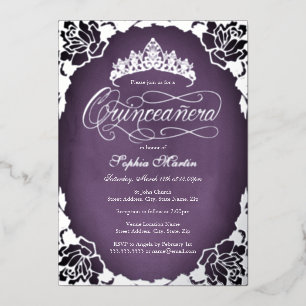 Lila Silver Elegante Script Rose Quinceanera Folieneinladung