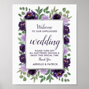 Lila Silver Floral Green Unplugding Wedding Sign Poster