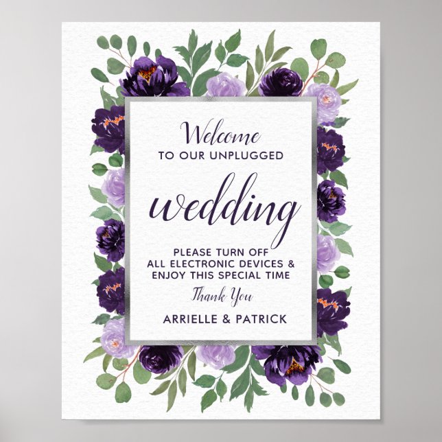 Lila Silver Floral Green Unplugding Wedding Sign Poster (Vorne)