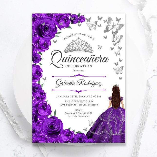 Lila Silver Floral Quinceanera Einladung (Von Creator hochgeladen)