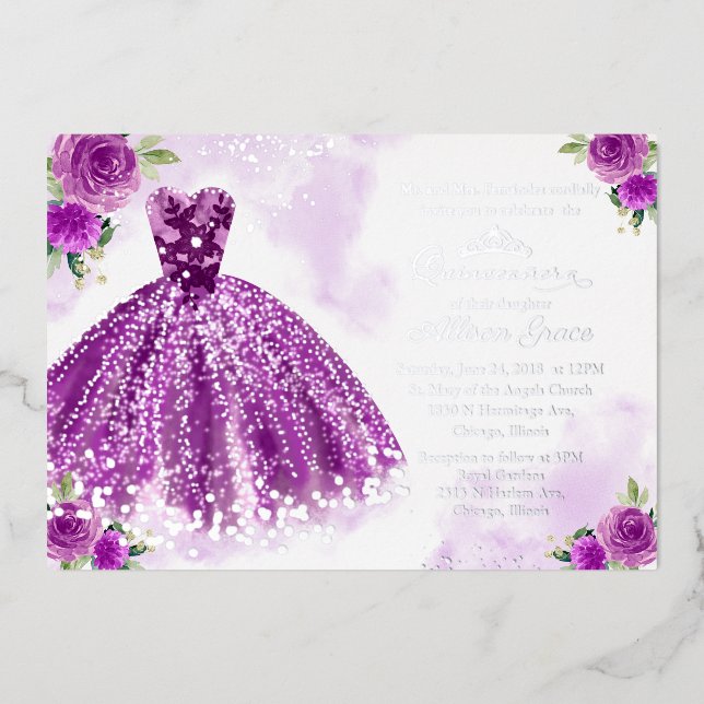 Lila Silver Floral Quinceanera Folieneinladung (Vorderseite)