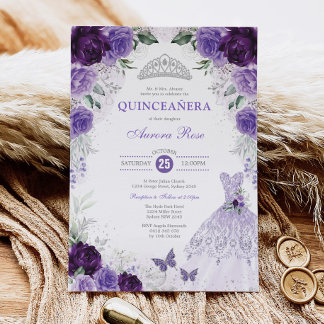 Lila Silver Floral Quinceañera Mis Quince Anos Einladung