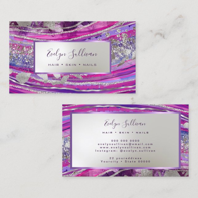 Lila Silver Foil Geode Business Card Visitenkarte (Vorne/Hinten)