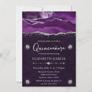Lila & Silver Glitzer Agate Quinceanera Einladung