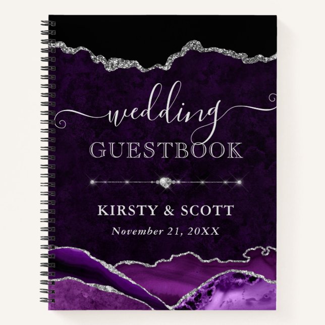 Lila & Silver Glitzer Agate Wedding Gästebuch Notizbuch (Vorderseite)