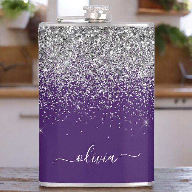 Lila Silver Glitzer Girly Glam Monogram Flachmann (Von Creator hochgeladen)