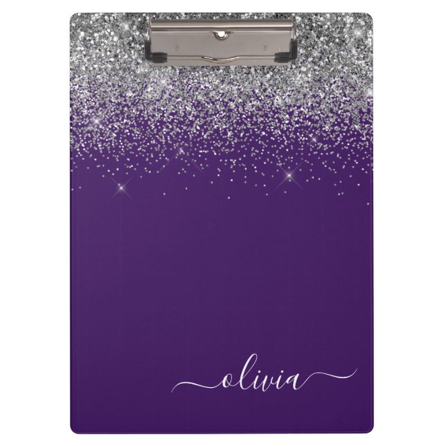 Lila Silver Glitzer Girly Glam Monogram Klemmbrett (Vorderseite)