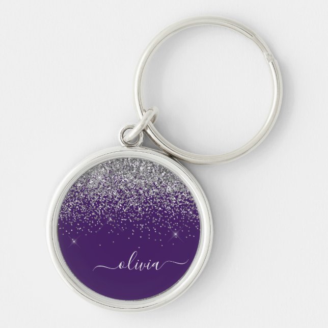 Lila Silver Glitzer Girly Glam Monogram Schlüsselanhänger (Vorne)