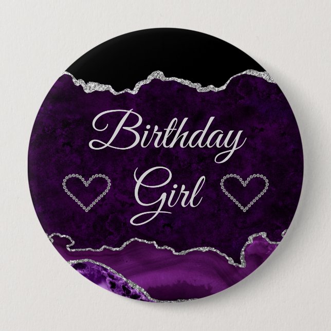 Lila & Silver Glitzer Marble Agate Birthday Girl Button (Vorderseite)