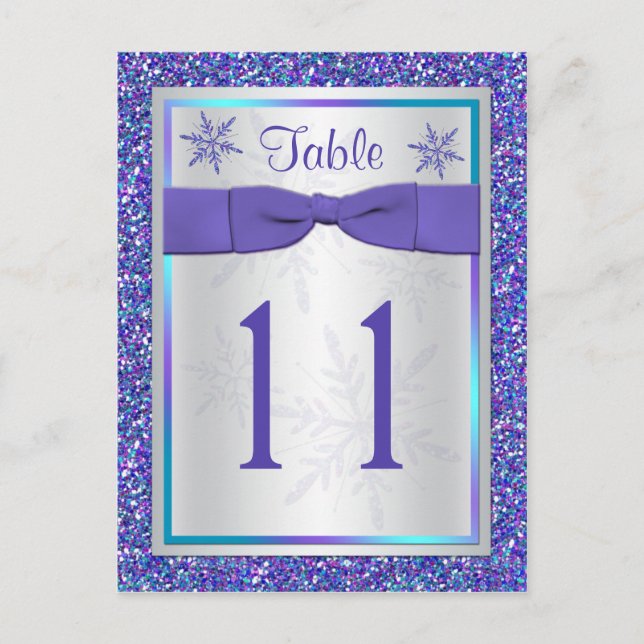 Lila Silver Glitzer Snowflakes Tischnummer Card (Vorderseite)