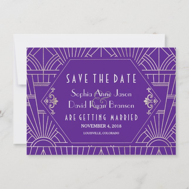 Lila Silver Great Gatsby Art Deco Save the Date (Vorderseite)