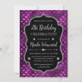 Lila Silver Hearts Glitzer Rahmen Geburtstag Einladung