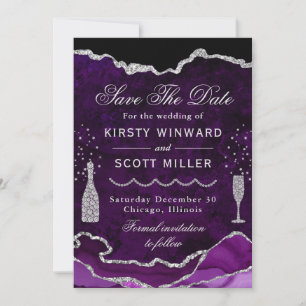 Lila & Silver Imitate Glitzer Marble Agate Wedding Save The Date
